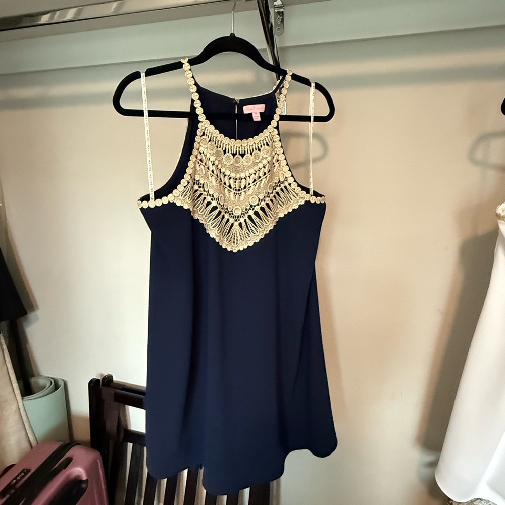 Lilly Pulitzer Pearl Shift Dress in Navy with Gold - Picture 3 of 5